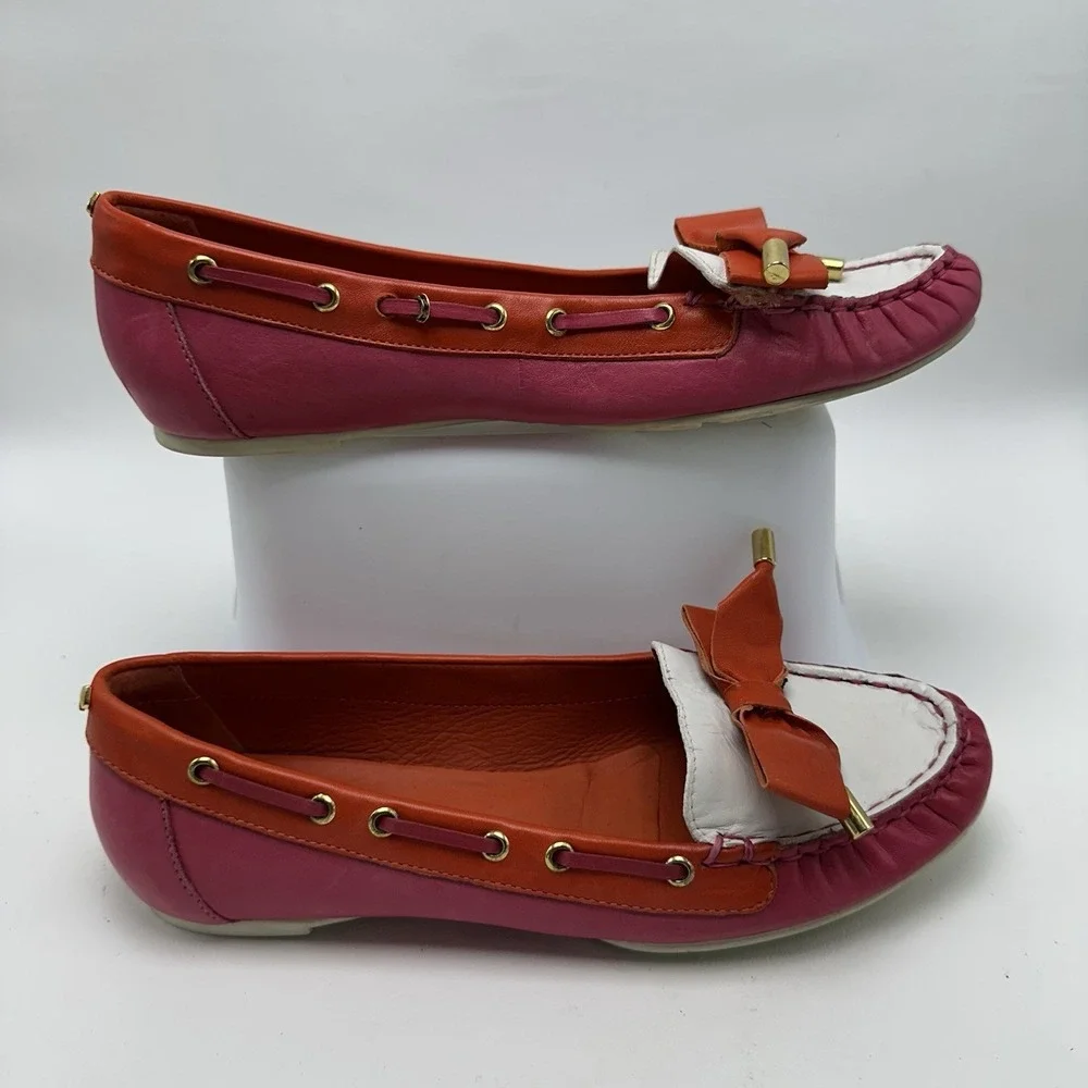 Kate Spade Boat Shoes Flats Bow Pink Red White‎ Women's Size 8M